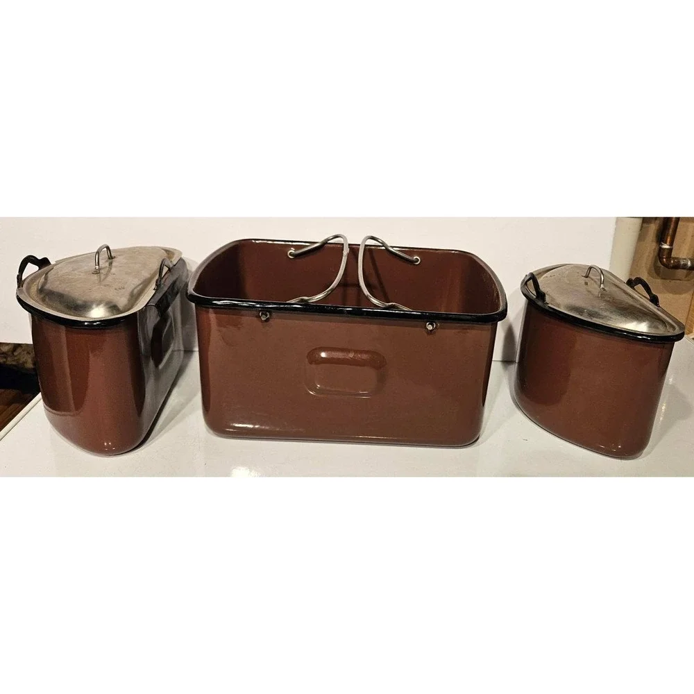 Vintage‎ Brown Enamel Nesting Mess Kit 3 Piece Camping Cookware Set with Lids